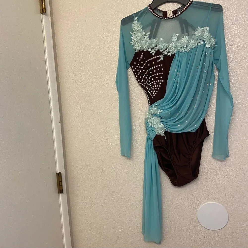 Glamour solo dance costume stoned brown aqua blue lyrical dress MA-Medium adult